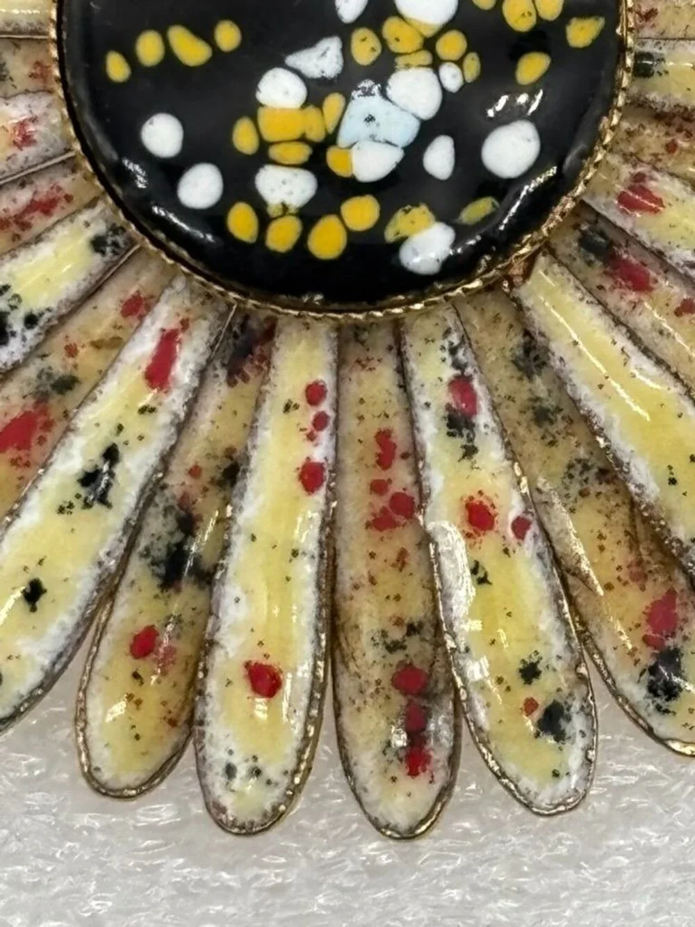Vintage Enamel Daisy Brooch Double Petals Abstract Color Print 1960s, Not Signed